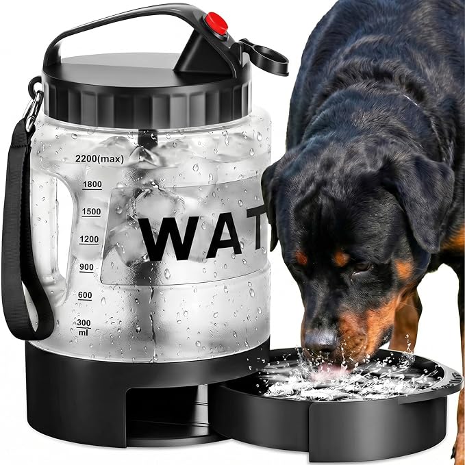 77oz Portable Dog Water Bottle, Camping Essentials, Large Travel Bottle with Pull-Out Drinking Bowl, Portable Beach Accessories, Car Water Container for Dogs, BPA Free - Black