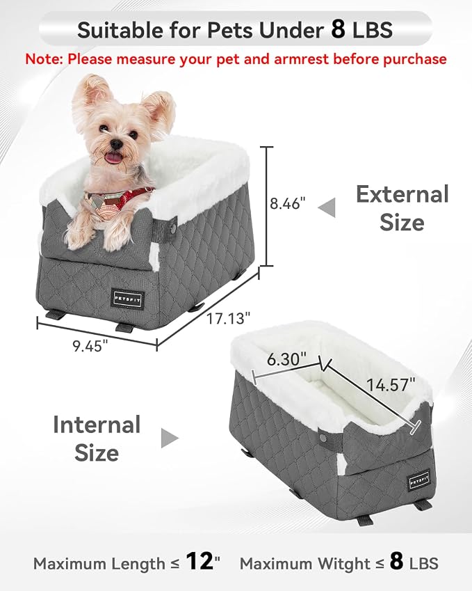 PETSFIT Center Console Dog Car Seat with Adjustable Seat-Rail Anchor Hooks | Anti-Collapse Armrest Booster Car Seat with Safety Tether, Washable Cushion, Soft Pillow for Pets Under 8 lbs, Grey