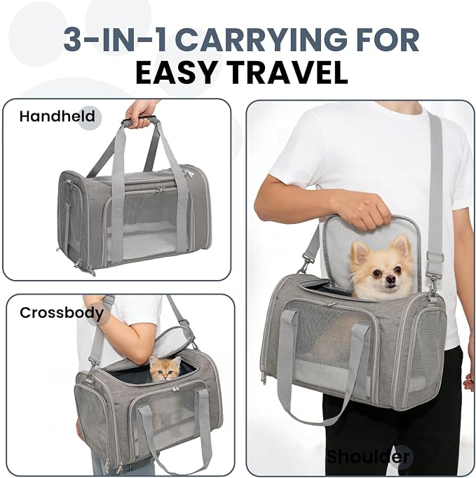Soft-Sided Cat Carrier Expandable Pet Carrier Airline Approved Mesh Travel Carrier Up to 15lbs for Cats Small Dogs Collapsible Escape-Proof with Shoulder Strap Washable (18x11x11 Gray)