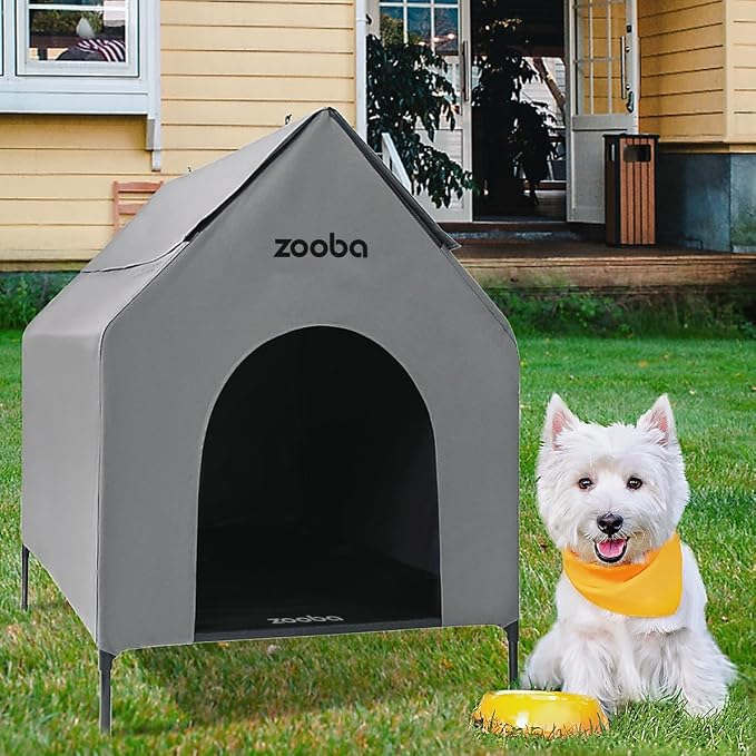 Zooba 29in Medium Dog House Outdoor, Elevated Dog Bed with Canopy, Grey | Weather-resistant 600D PVC canopy, breathable 2x1 Textilene elevated bed, steel frame; indoor or outdoor; easy to clean