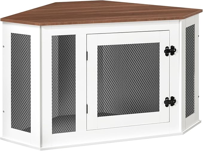 MAHANCRIS Corner Dog Crate Furniture, Wooden Dog Kennel End Table, Decorative Pet Crate Indoor Use, Furniture Style Dog House for Small Medium Dog, Dog Cage TV Stand, White and Walnut DCBA0801
