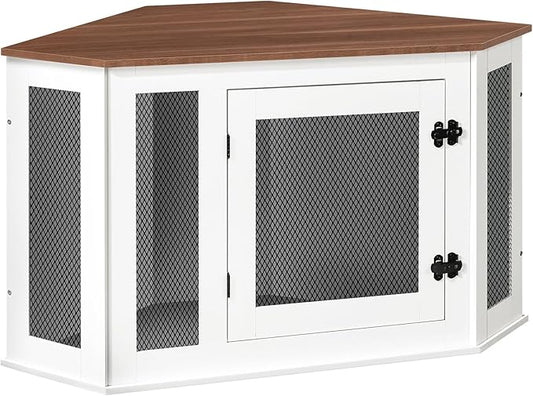 MAHANCRIS Corner Dog Crate Furniture, Wooden Dog Kennel End Table, Decorative Pet Crate Indoor Use, Furniture Style Dog House for Small Medium Dog, Dog Cage TV Stand, White and Walnut DCBA0801