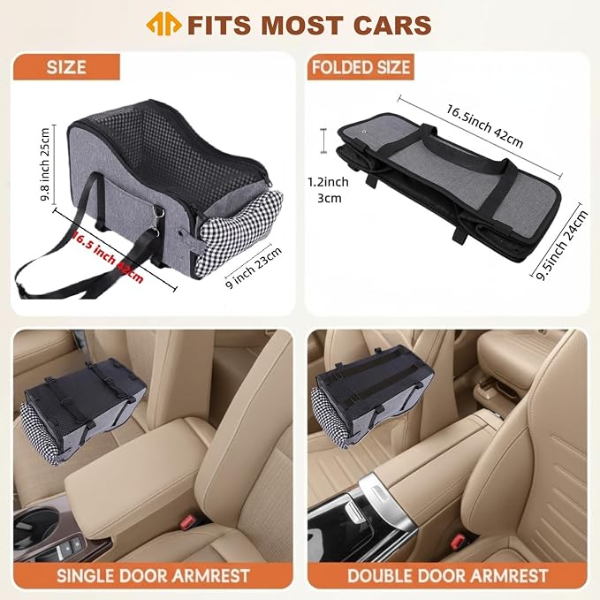 Center Console Dog Car Seat with Breathable Mesh Cover, Pet Puppy Car Seat, Middle Console Dog Armrest Booster Seat with Ventilated Mesh for Small Dogs&Cats,16.5''*9.8''*9''