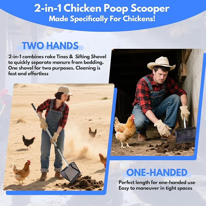 VEEMI Chicken Poop Scooper Rake 2-in-1,304 Stainless Steel Shovel Head, Chicken Litter Scoop with Handle for Chicken Coop for Sand, Pet Waste Cleaning, Litter Sifting Shovel (35 to 65") | Chicken Poop Scooper