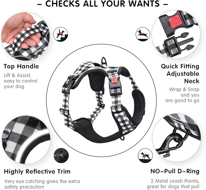 PoyPet Plaid Dog Harness Large, No Pull Vest with Front Clip & Neck Buckle | Padded Handle, Reflective, No Choke, Lockable, 2 Leash Rings, Full Adjustable, for Training Walking, XL, Grid