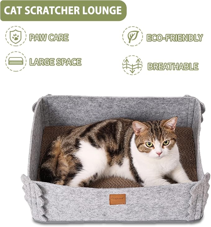 Cat Lounge Scratcher Box with Removable Cardboard (Grey) | High-density Corrugated Cardboard with Double-sided Use, Soft Felt Fabric, Release Stress and Protect Furniture