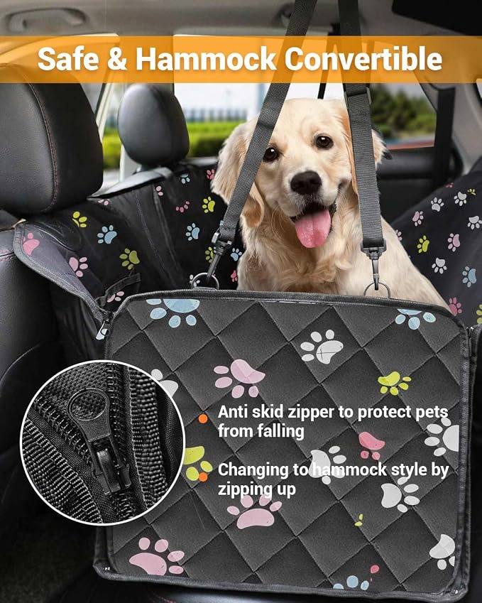 Dog Car Seat Cover, 600D Heavy Dute Car Seat Cover for Dogs Pets, 100% Waterproof Anti-Scratch Nonslip Dog Hammock for Cars, Seat Covers Protector with SeatBelt for Sedan SUV Truck Standard Paw