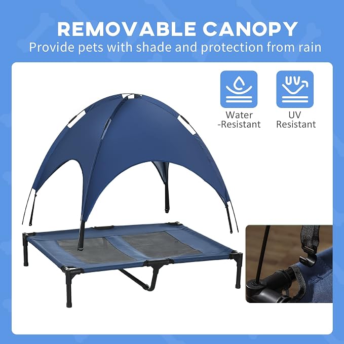 PawHut Elevated Dog Bed with Removable Canopy, Outdoor Dog Cot with UV Protection Canopy Shade, 36 inch Large Pet Bed for Camping, Dark Blue | Large Pet Bed, Outdoor Dog Cot, UV Protection Shade, Camping