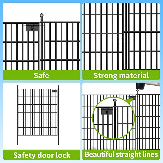 Toolterritary 5 Panels No Dig Garden Fence with Gate, 32 in(H) X12.1 ft(L) Metal Fence Panels, Thickened Rustproof Garden Fencing, Animal Barrier for Dogs, Rabbits, and Patio