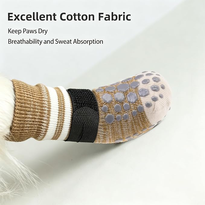 PUPTECK Anti-Slip Dog Socks with Double Sides for Small Medium Large Dogs Hardwood Floors Prevents Licking, Dog Shoes for Hot Pavement Traction Control Paw Protector for Senior Dogs, Striped Khaki XS