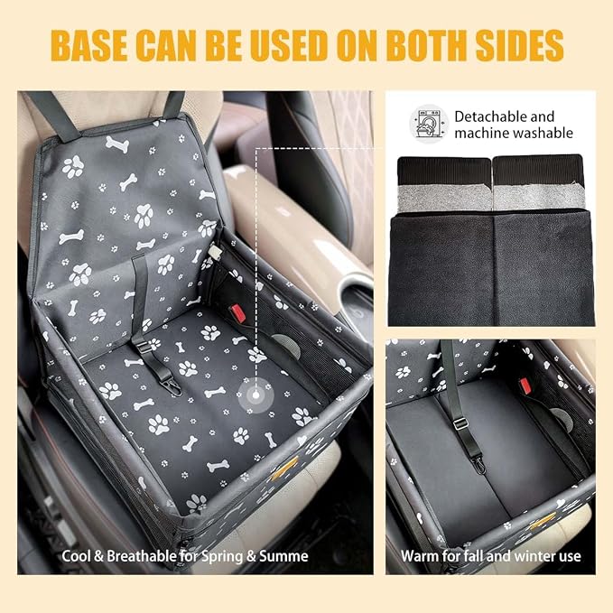 Pet Dog Booster Seat, Upgrading the Framed wall to Prevent Collapse，Breathable and Foldable Pet Car Basket，Removable andWashable pet car seat (Black Footprints)