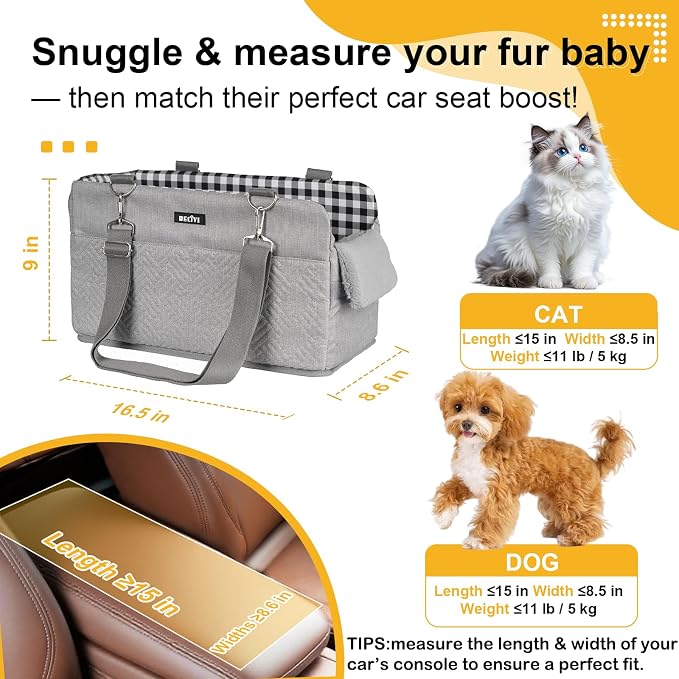 Console Dog Car Seat for Small Dogs Cats Up to 11lbs, Anti-Collapse Pet Armrest Booster Seat with Soft Pillow,Non-Slip Seat Rails Hooks & Safety Belt, Portable Car Accessories for Pets Travel