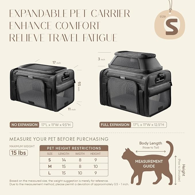 Top-Expandable Pet Carrier with Treat & Pet Window,17x11x9.5 Inch Alaska Hawaiian Airline Approved,Soft-Sided Dog Carrier for Small Dogs and Cats,Travel Cat Carrier with Locking Safety Zippers,Black