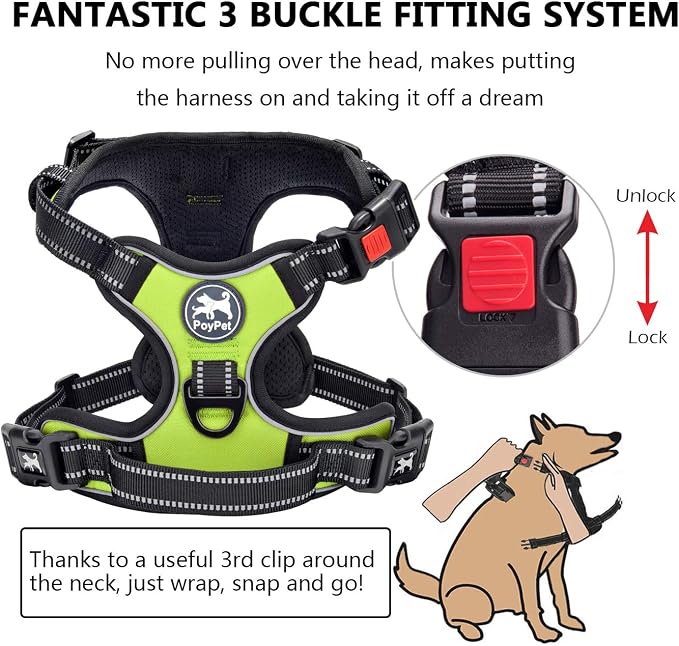 PoyPet No Pull Dog Harness Large with Front Clip & Neck Release Buckle | No Choke, Adjustable Vest, Reflective, Back Clip, Lockable, Soft Padded, Easy Control Handle for Walking Training, XL, Green