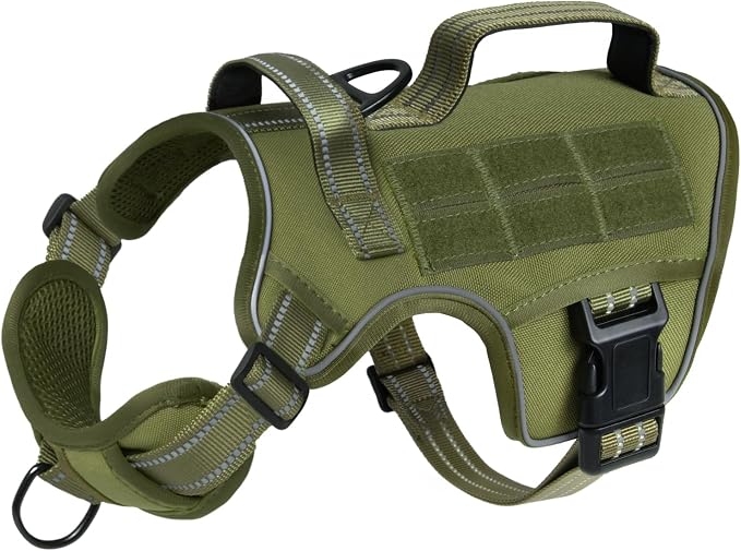 Dog Harness, Tactical No Pull for Small Sized Dog with Handle | Breathable Soft Padded, Adjustable, Reflective, Molle System, Heavy Duty, No Choke for Walking Training, Green Small