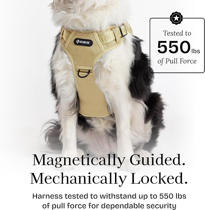 Fei & Eve Classic Dog Harness, MagEase Magnetic Buckle | 3-Point No-Pull Control, Dual Handle Support, 900D Nylon, Tactical Patch Panel, Heavy Duty, Medium, Champagne
