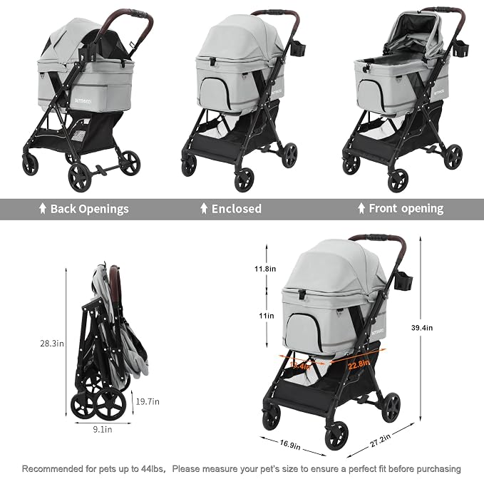 No-Zip Pet Stroller for Small Dogs & Cats, 44 lb, Gray | No-Zip Canopy, 44 lb Capacity, Reflective Trim, 2 Tethers, Lockable Front Wheels, Rear Brake and One-Hand Fold
