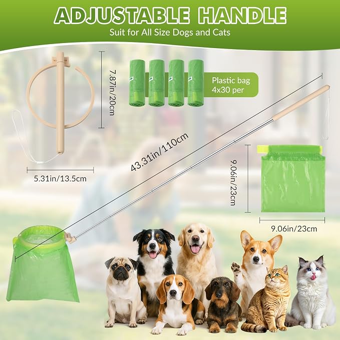 Dog Pooper Scooper, 43" Extendable Pooper Scooper Long Handle with 120 Bags | Portable Poop Scoop for Small Medium Large Dogs, No Touch, Stainless Steel, Lightweight, Foldable, Suit Yard, Park,Wild,City