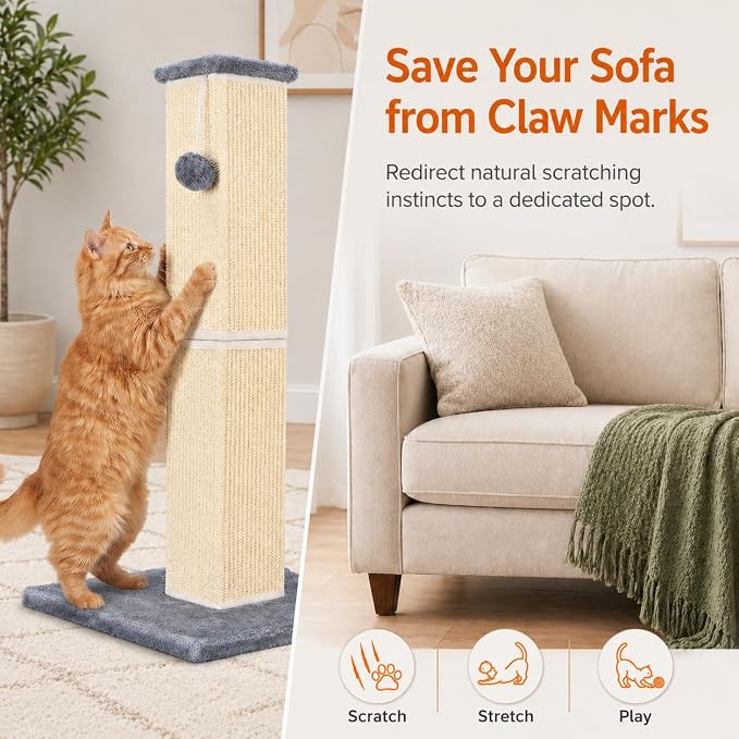Cat Scratching Post for Large Indoor Cats & Kittens, Cat Scratcher with Extra Large Stable Base and Natural Sisal, Sturdy Cat Scratch Post to Protect Furniture & Couch, Grey, 32 Inch