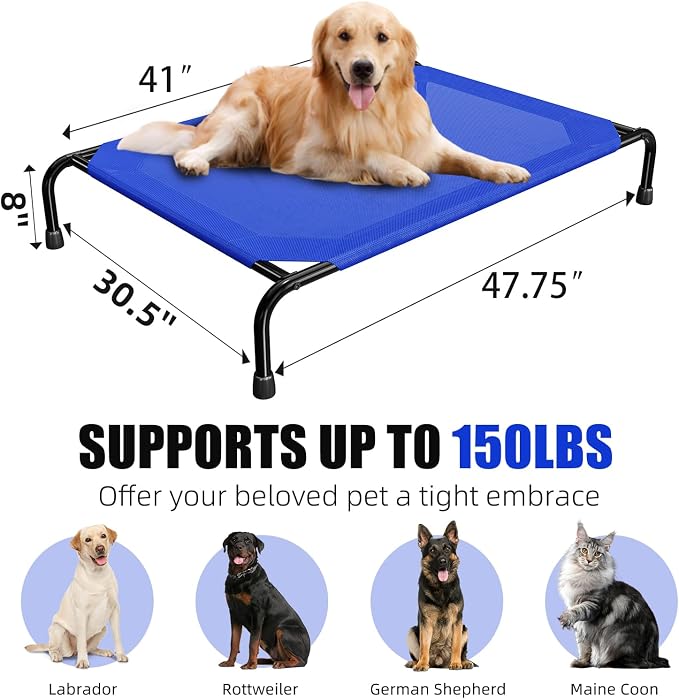 Simple Trending Outdoor Elevated Dog Bed, Cooling Raised Dog Cots, Blue | Pet Bed for Large Dogs, Waterproof Cover, Breathable Mesh, Non-Slip Feet, Suitable for Indoor or Outdoor Use, 47.75" x 30.5"