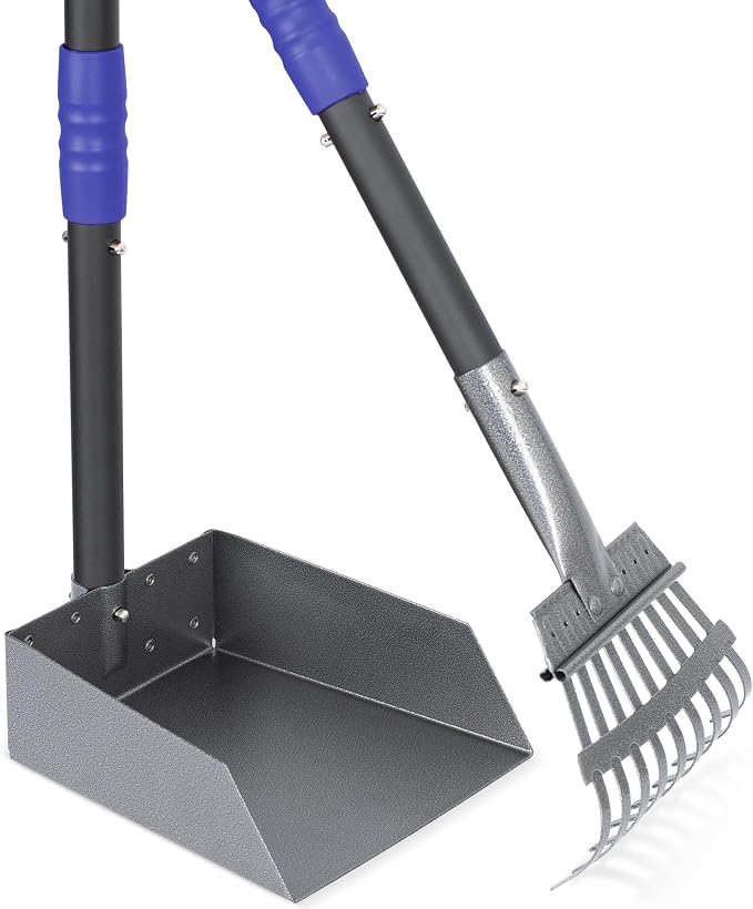Dog Pooper Scooper, Dog Poop Tray and Rake Set with Long Stainless Handles | Pet Waste Removal Scoop with Adjustable Sectional Handles