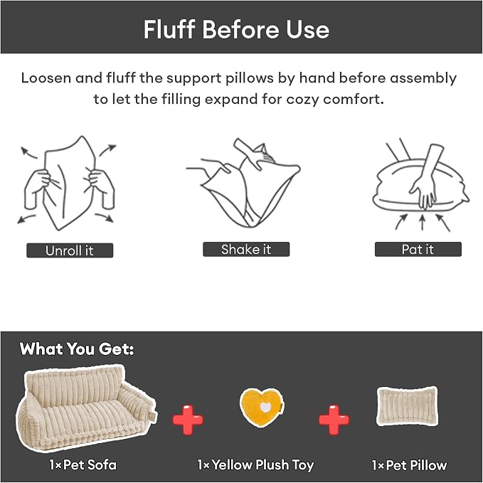FUNNY FUZZY Dog Couch, Fluffy Orthopedic Supportive Pet Sofa with Pillow | Supportive Small & Medium Dog Bed Washable Cover, Cozy Corduroy Flannel, Non-slip, Snoozy Dream 31.4"×22.4" Up to 25 Lbs