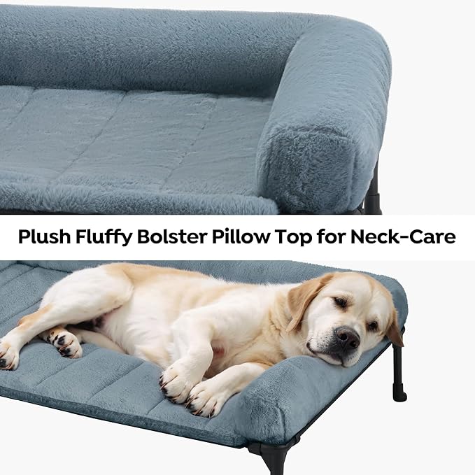 Veehoo Elevated Dog Beds Large Sized Dog with Fluffy Plush Bolster Cushion | Orthopedic Raised Dog Beds for Indoor Outdoor, Soft Pet Sofa Cot with Removable Washable Mat, No-Slip Feet, 42" x 30", Blue