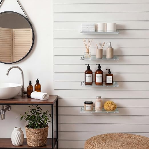 Yalikop 4 Pcs Slatwall Shelves Clear Acrylic Slatwall Shelves Organizer Wall Mounted Hanging Accessories Plastic Panel Display Shelf for Retail Store Boutique Garage Home(No Fence Style,12 x 5 Inch)