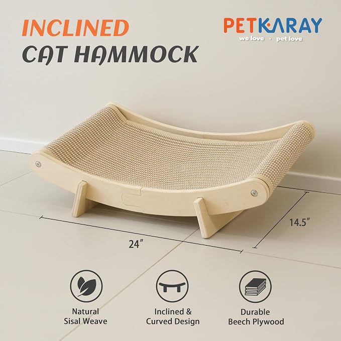 PETKARAY Inclined Sisal Cat Scratcher Bed, Curved Wooden Cat Hammock Chair, Large Scratch Pad for Indoor Cats, Cozy Cat Furniture Lounge