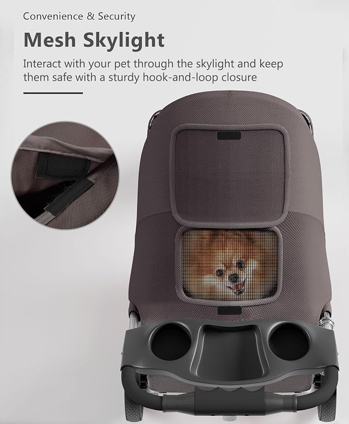 OS MOTOR 3 Wheels Pet Stroller for Small Medium Pets, Coffee | Foldable Carrier Jogger, Rear Wheel Breaks, Storage Basket, Visible Mesh Weather Cover, Portable, Dog, Cat, Puppy, Kitty
