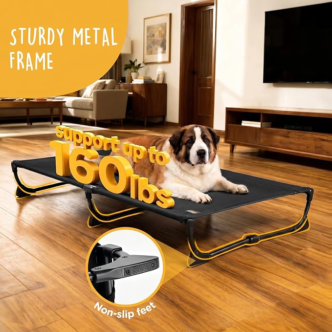Upgraded Non-Slip Daisy Cot, Large Foldable Elevated Dog Bed, Portable Raised Outdoor Folding Dog Cot for Camping/Home, Chew Proof Waterproof Heavy Duty Up to 160 Lbs, Black, 43"x27"