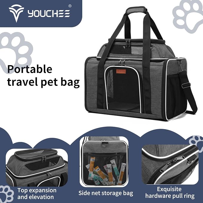 19" Large Pet Carrier for Cats & Small Dogs up to 25 lbs, Airline Approved Soft-Sided Dog Travel Bag, Top Expandable with Breathable Mesh, Washable Liner & Safety Tether. (Grey)