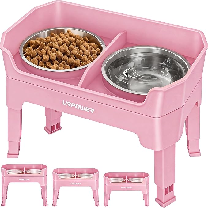 URPOWER Elevated Dog Bowls, 3-in-1 Double Deck Raised Dog Bowl Stand | 4 Height Adjustable Raised Stand with 2 Stainless Steel Food Bowls & Licking Plate for Small, Medium & Large Dogs