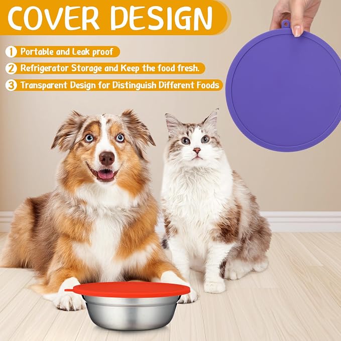 Patelai 12 Pcs Stainless Steel Dog Bowls 7.9" with Silicone Lids Portable Food and Water Dishes for Pets Sealable Containers for Small Medium Dog Cat Indoor (Red,Blue,Green,Purple,Yellow,Orange)