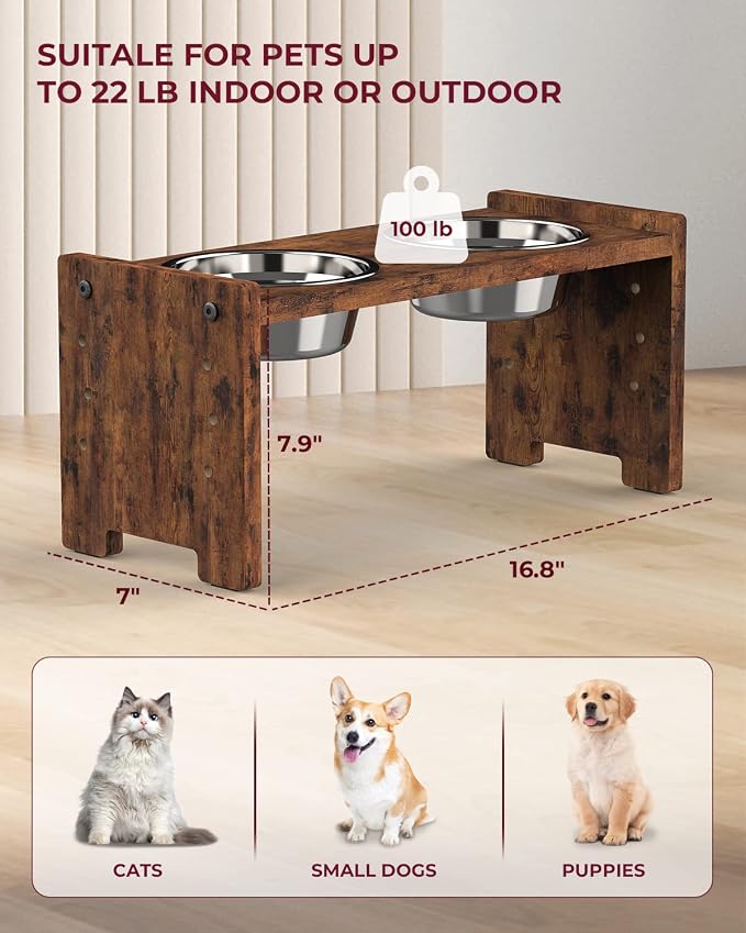Elevated Dog Bowls, Raised Bowl Stand Adjustable Small, Rustic Brown | Particle Board Raised Feeder with 2 Stainless Steel Bowls, Adjustable Height for Small Puppies and Cats