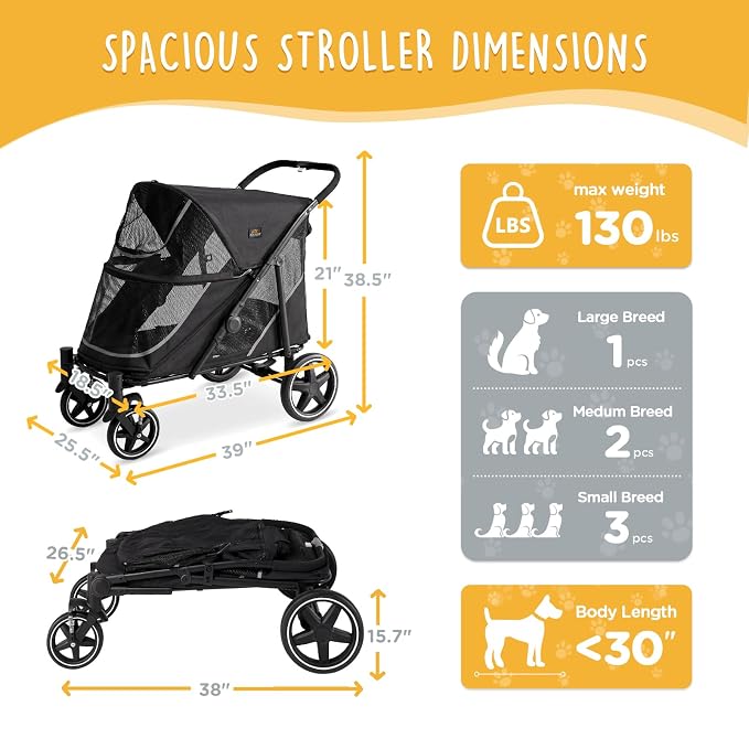 CANINE CANYON Denver Dog Stroller for Large & Medium Dogs- Easy Fold All-Terrain Pet Stroller for 2 Dogs with Dual Entry, One-Foot Brake, Sunroof & Breathable Windows, Up to 130 lbs, Black