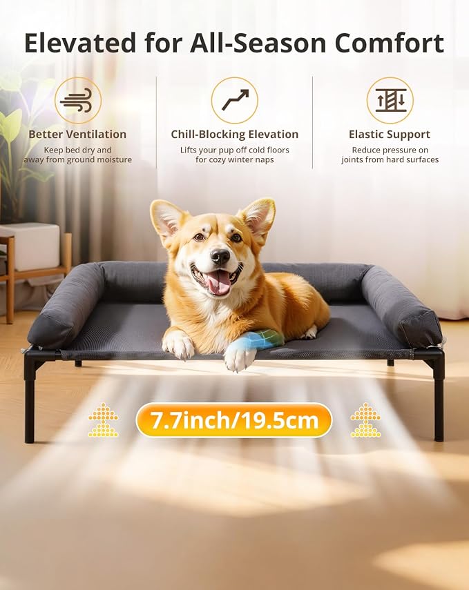 Cooling Elevated Dog Bed, 26.8x34 Raised Dog Bed with Removable Bolster Cushion, Breathable Mesh, Non-Slip Feet, and Metal Frame for Medium Breeds Indoor Outdoor | Raised Dog Bed with Removable Bolster Cushion, Sturdy Metal Frame, Non-Slip Feet, for Me...