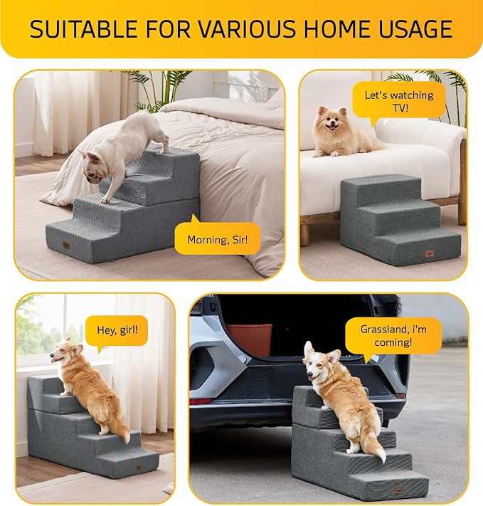 Dog Steps for High Bed Dog Stairs Ramps and Extra Wide Steps for Bed Foam Stairs for Couch Sofa 35D Strong Support Pet Stairs Non-Slip Bottom Pet Steps for Small Dogs and Cats, Grey, 4 Steps
