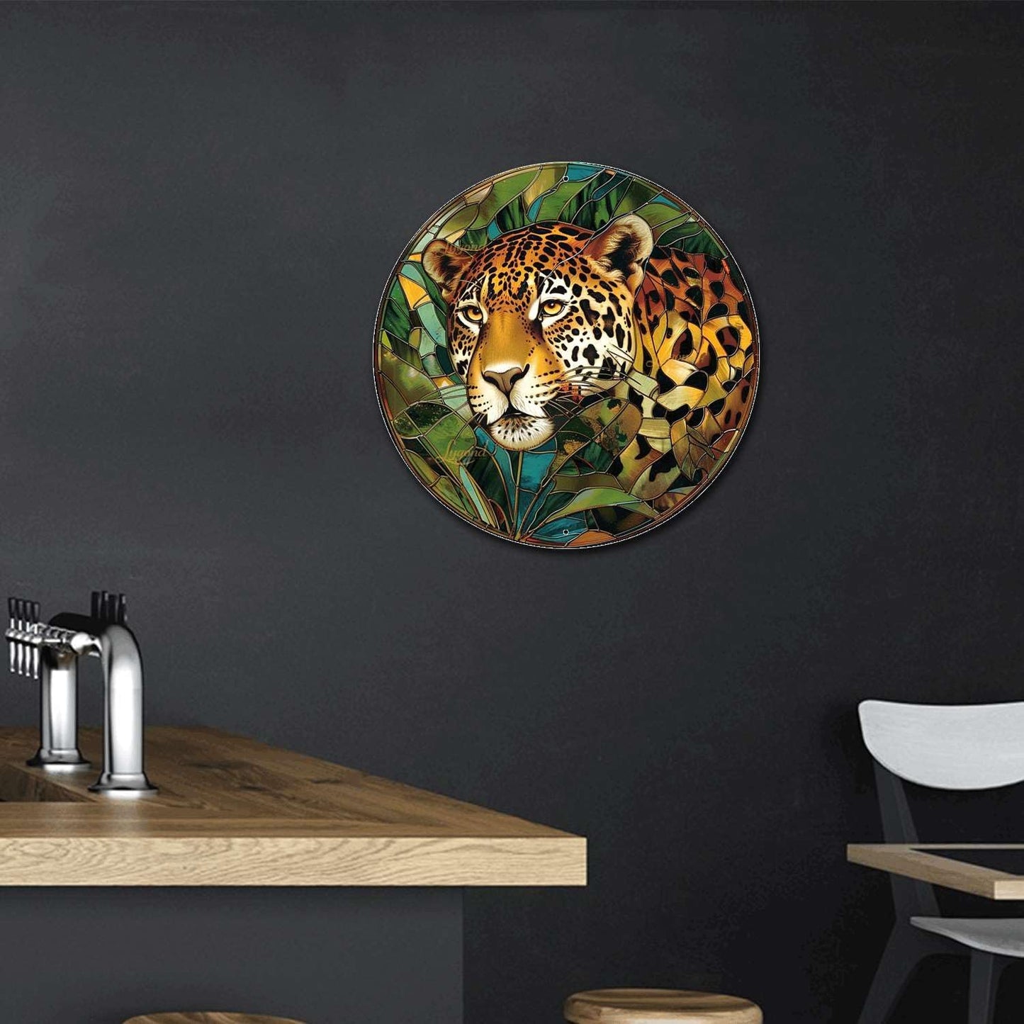 Lygond Metal Sign Tin Sign Circular Stained Glass Jaguar Minimalist Wall Art for Garage 12×12 Inches