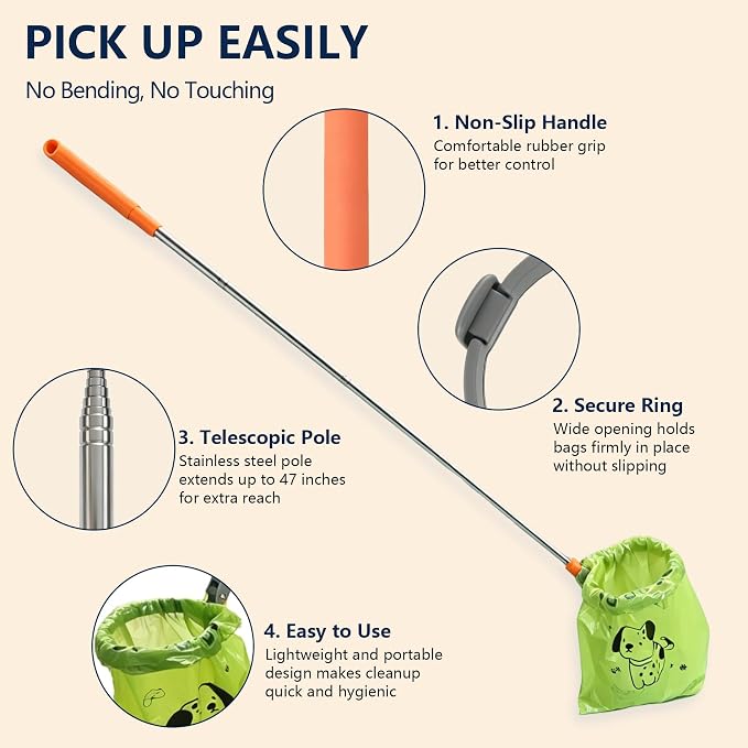 Dog Pooper Scooper with Bags, Long Handle No-Touch Dog Waste Picker Tool | With 30 Rolls Poop Bags, 47 Inch Extendable Handle, No Bending Cleanup, Portable Pooper Scooper for Yard, Walks and Travel