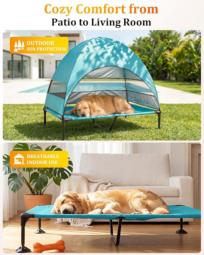 Elevated Dog Bed with Canopy - 3-Sided UV Protection Pet Tent with Wider Shade, Raised Cooling Outdoor Dog Cot with Breathable Mesh for Medium Large Dogs, Portable Bed for Camping, Patio (Aqua, XL)