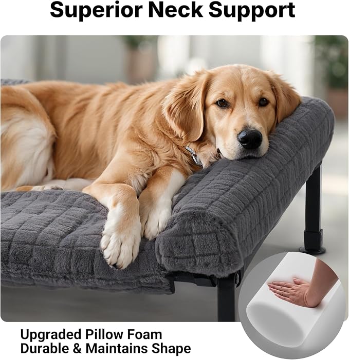 Veehoo Elevated Dog Bed with Fluffy Plush Bolster Cushion, Dog Couch Bed | Cooling Raised Dog Bed for Large Dogs, Washable Orthopedic Pet Cot with Removable Mat, Breathable Mesh, Non-Slip, 42", Grey