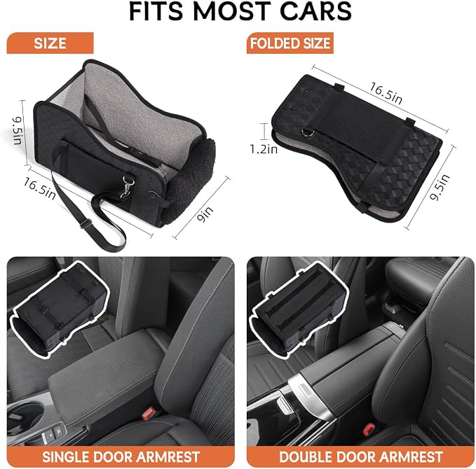 TKYZ Center Console Dog Car Seat for Small Dogs,for Car/SUV/Small Truck | Soft Pillow,Double fixation,PU Leather Easy To Clean,Pet Booster with Safety Belt,Puppy Car Seat for Small Dogs 0-11 lbs
