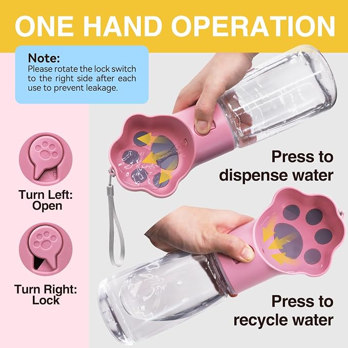 Dog Water Bottle with Food Container, Portable Pet Dispenser, Leak Proof, Hiking, Puppy Travel, Outdoor Activities(18.6 fl.oz/550ml, Pink)