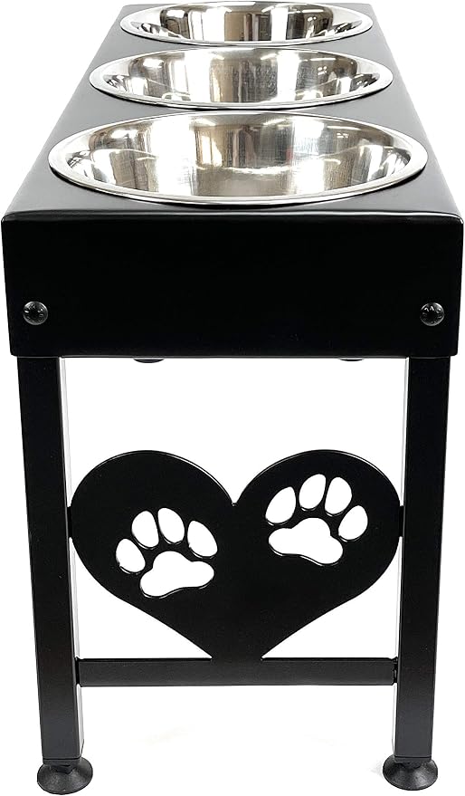 3 Bowl Dog Feeder Pet Feeding Station Triple 3 Quart Metal Dog Bowls 16 Inch Tall Made in USA