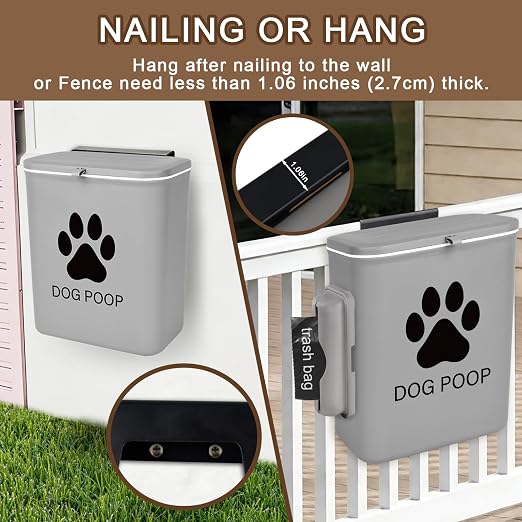 Dog Poop Trash Can Outside Hanging, 2 Gallon Wall Mount Dog Poop Trash Can | with Trash Bag Dispenser, Small Pet Waste Bin with Lid, Hanging Pet Waste Disposal Container for Fence, Garbage, Outdoors
