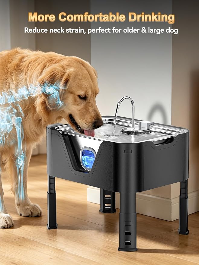 4.2Gal Dog Water Fountain for Large Dogs, 16L Stainless Steel Large Dog Fountain Water Bowl with Deeper & Wider Drinking Tray, Automatic Pet Water Dispenser with Visible Window (with Adjustable Stand)
