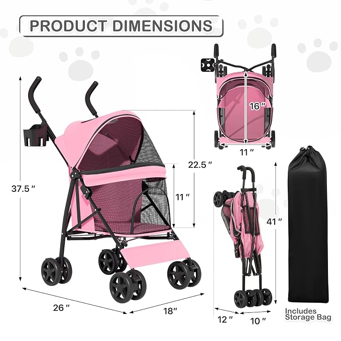 MoNiBloom 4 Wheels Pet Stroller, Easy-Fold Puppy Cage Jogger Stroller with Sun Cover, Pad and Rear Storage Bag, Breathable and Visible Mesh for Small/Medium Pets up to 22 lbs, Pink