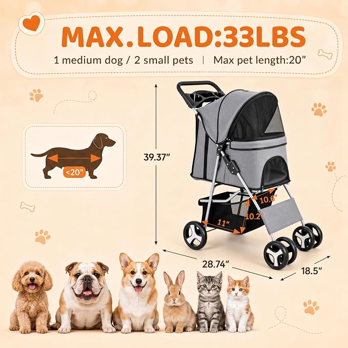ZENY Foldable Pet Stroller, Cat/Dog Stroller with 4 Wheel, Pet Travel Carrier Strolling Cart with Storage Basket, Cup Holder (Grey)