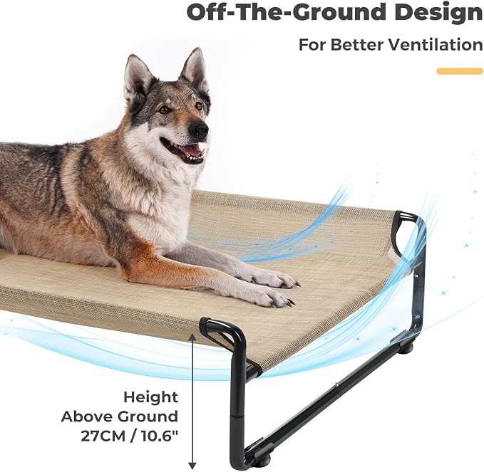 Veehoo Outdoor Elevated Dog Bed, Cooling Raised Dog Beds for Large Dogs | Washable Dog Cot with Headrest Sides, Non-Skid Feet, Breathable Mesh, Cooling Pet Hammock for Indoor or Camping, 47", Beige